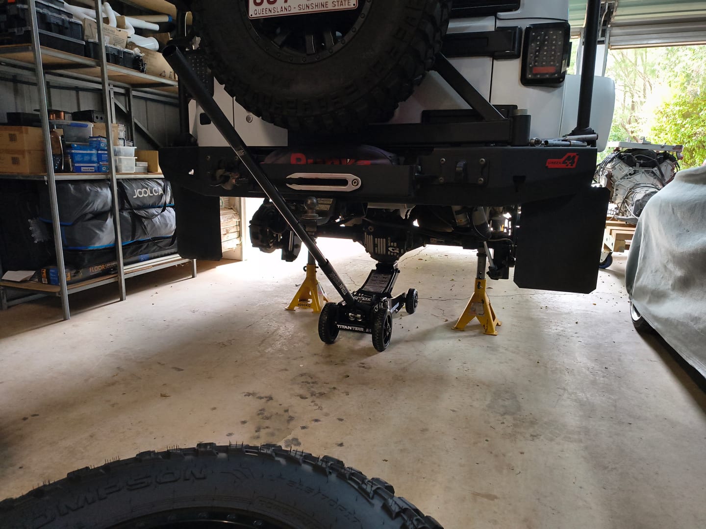 Customer photo review of TITAN TERRAIN 3T Shed Jack Pack - Includes 3000KG Jack, Jack Stand Pair, Cover Bag