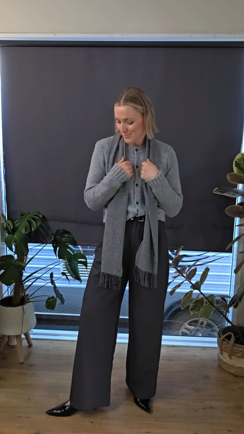 Customer photo review of 2026 Australian Made 100% Merino Wool Scarf | Urban Minimal – Silent Grey