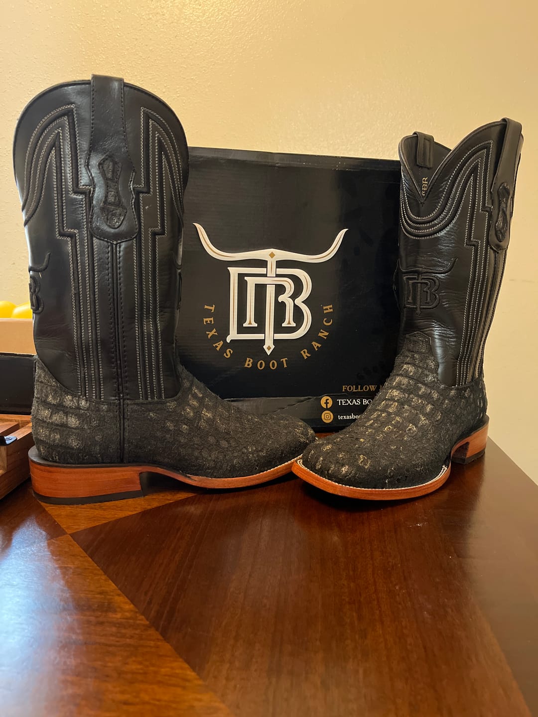 Customer photo review of Rustic Black Caiman Neck Leather Boots - Square Toe