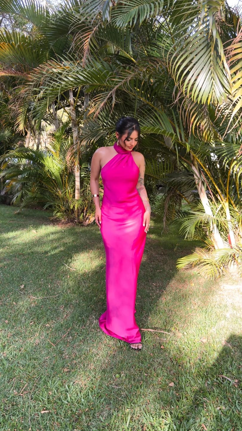 Customer photo review of Beatrice Halter Backless Silk Satin Maxi Dress