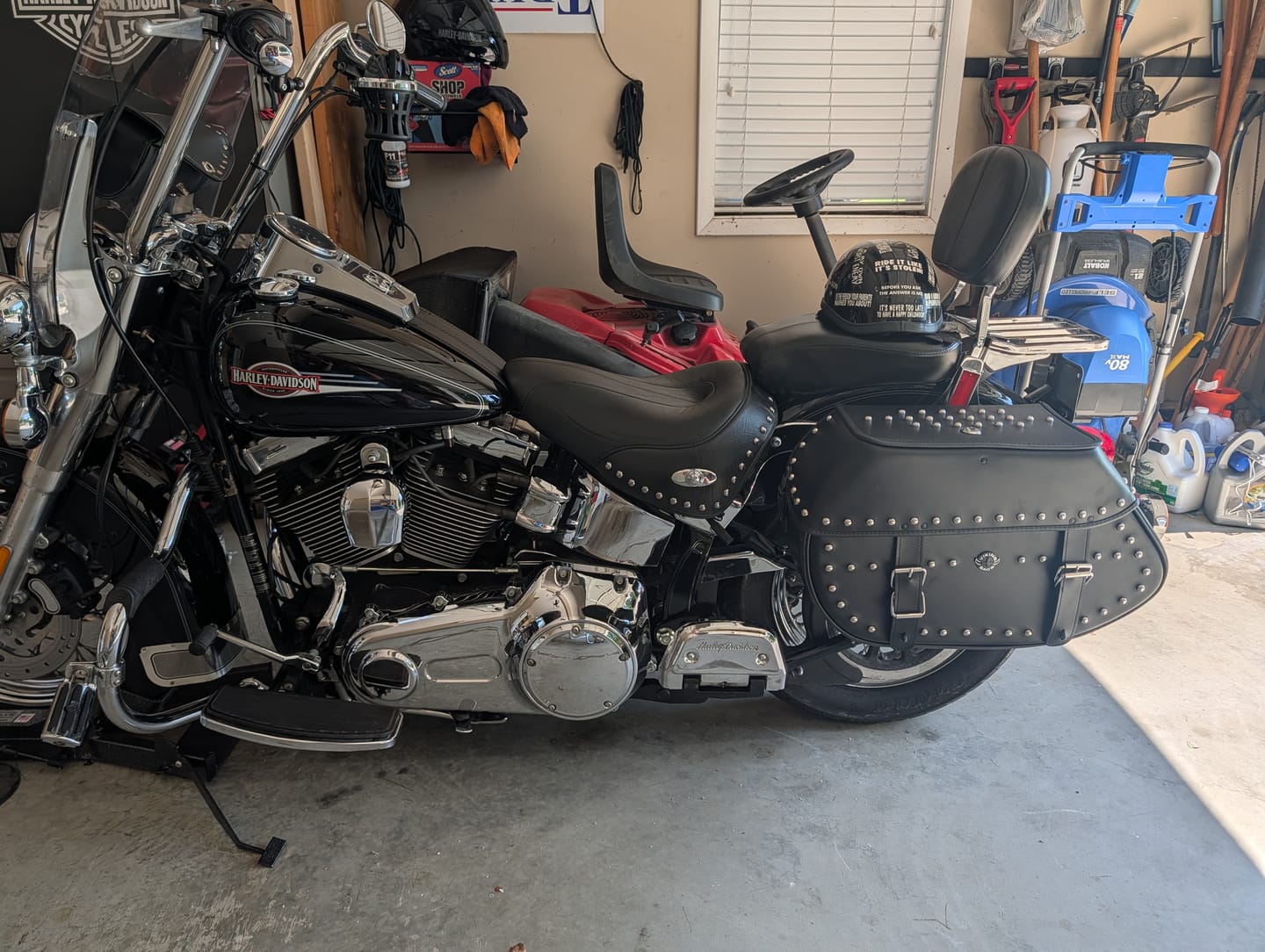 Customer photo review of 35L - Legacy Extra Large Studded Leather Motorcycle Saddlebags for Harley Softail Heritage FLSTC/I