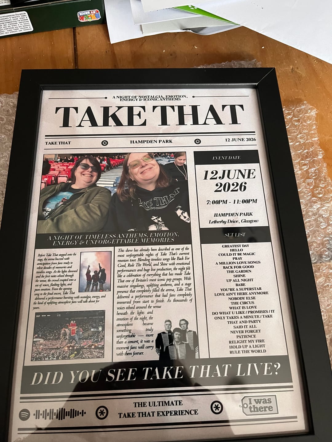 Customer photo review of Take That - Personalised Newspaper Style Concert Poster