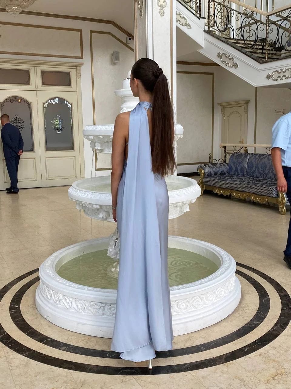 Customer photo review of Demetra Satin Halter Backless Evening Gown