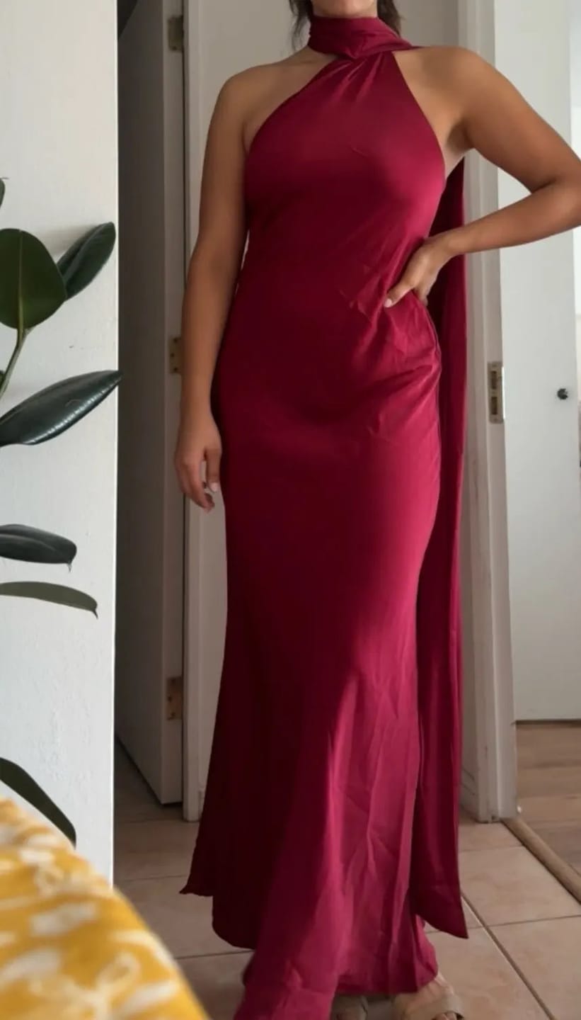 Customer photo review of Beatrice Halter Backless Silk Satin Maxi Dress