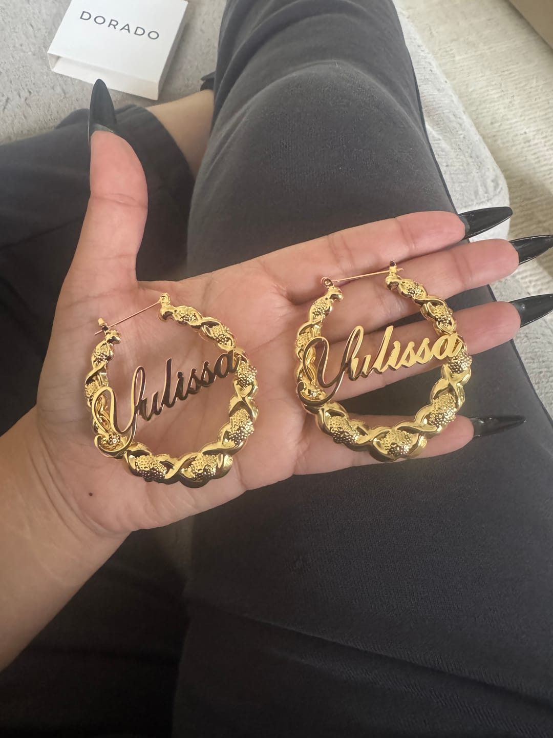 Customer photo review of XOXO Name Hoop Earrings