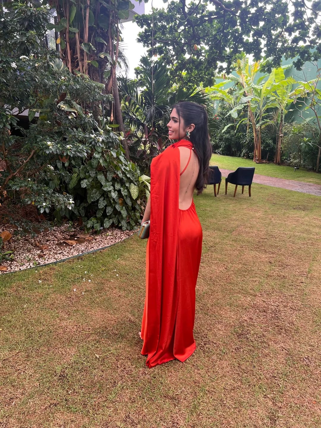 Customer photo review of Beatrice Halter Backless Silk Satin Maxi Dress