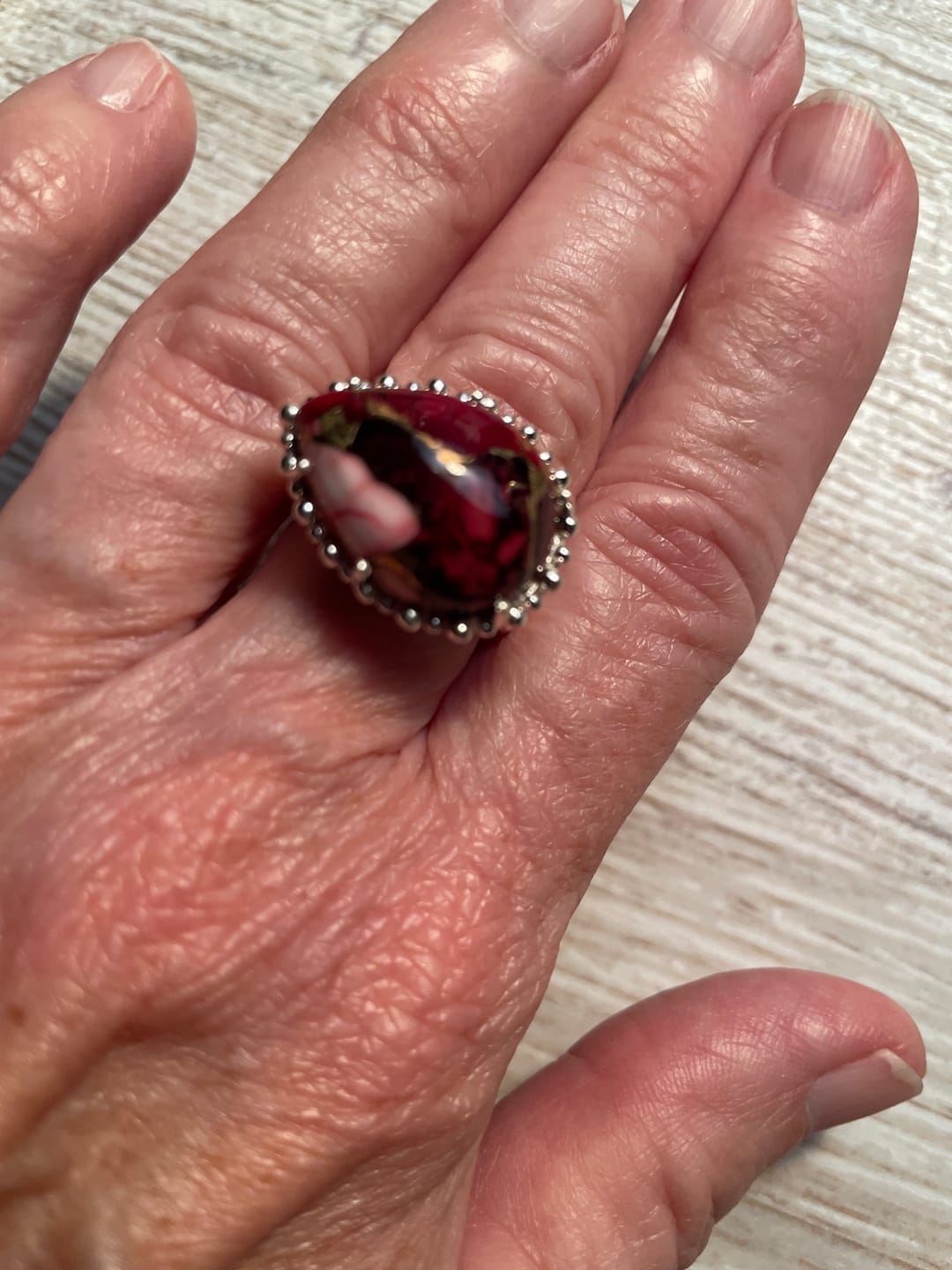 Customer photo review of Exclusive Red Dahlia Mohave Turquoise Ring Size 6 (.925 Sterling Silver)