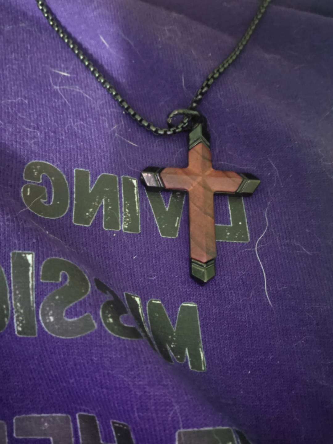 Customer photo review of FREE Today: Two-Tone Stainless Steel Inlaid Solid Wood Cross Pendant Box Chain Necklace