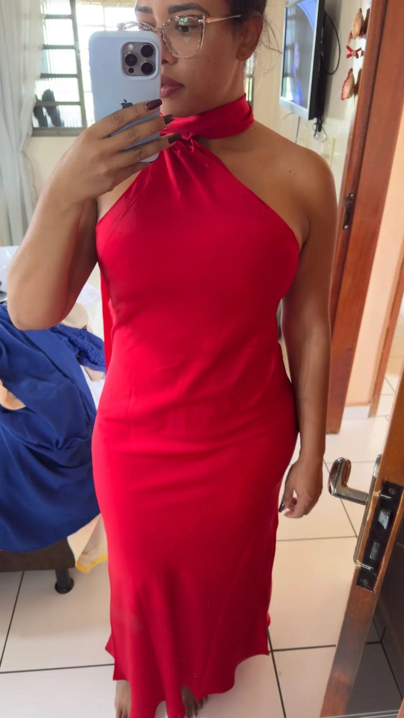 Customer photo review of Beatrice Halter Backless Silk Satin Maxi Dress