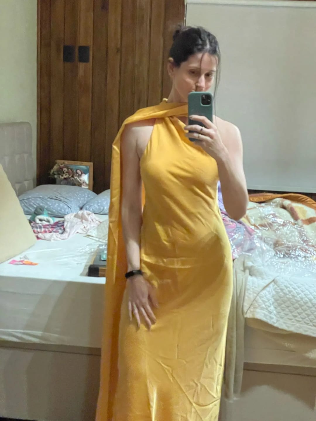 Customer photo review of Beatrice Halter Backless Silk Satin Maxi Dress