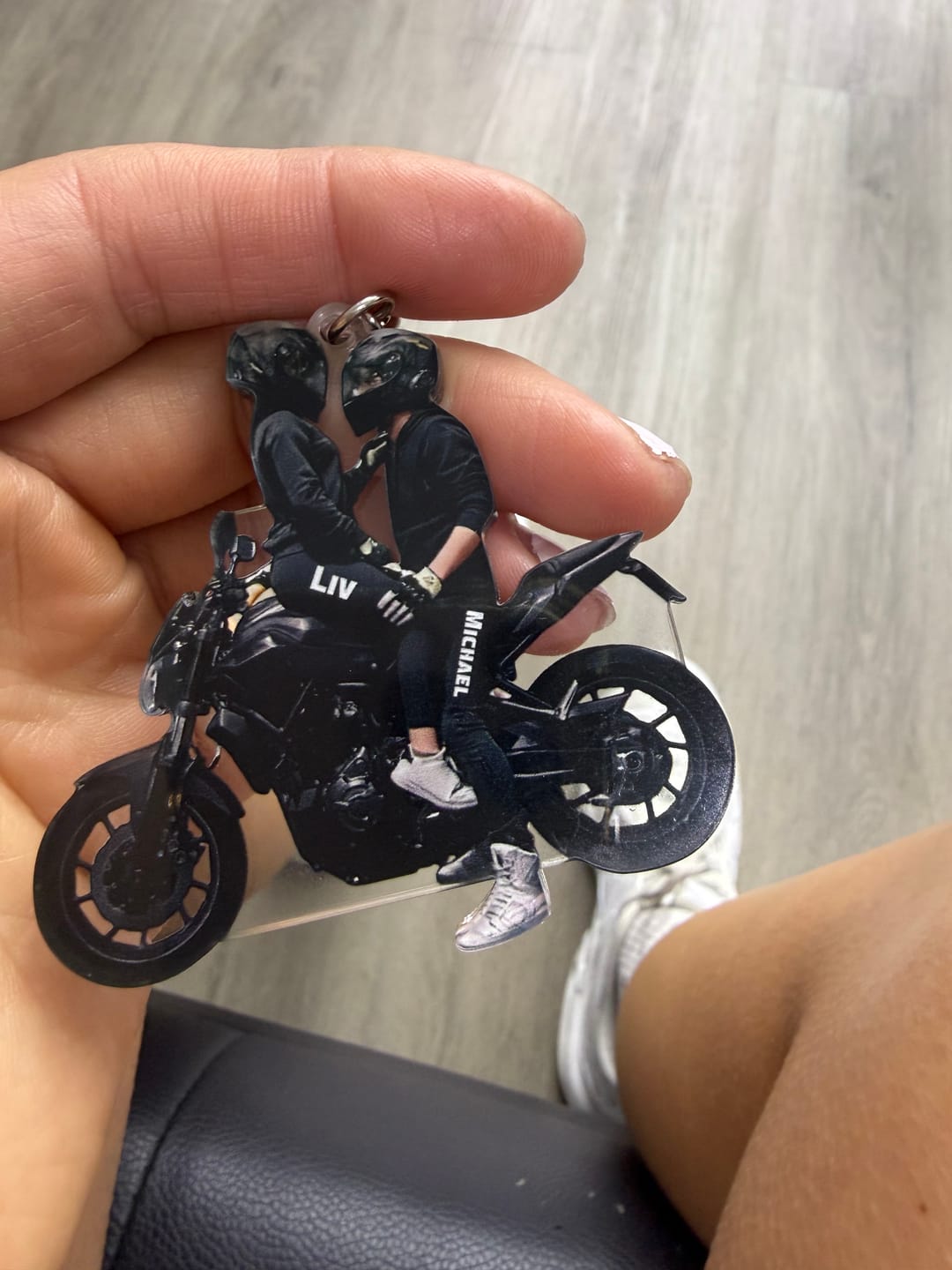 Customer photo review of Motorbike Couple - Personalized Acrylic Keychain - Gift For Couple, Motorbiker