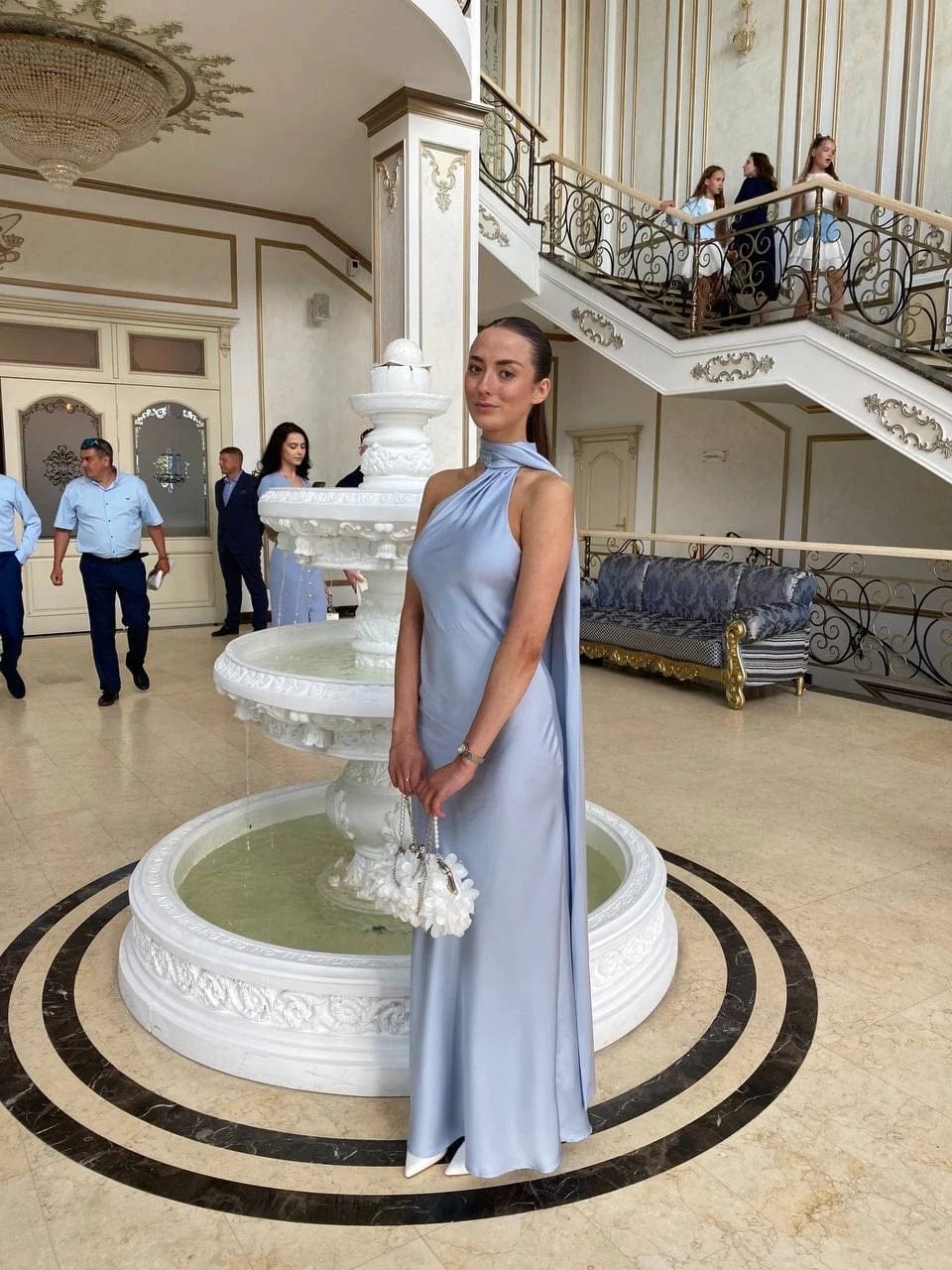 Customer photo review of Demetra Satin Halter Backless Evening Gown