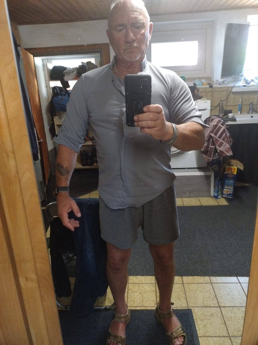 Customer photo review of Buddha Stones 2-teiliges Herren-Set mit einfarbiger Textur, Knopfleiste, halblangen Ärmeln, Hemd und Hose