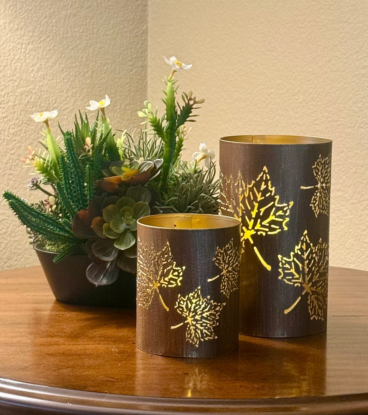 Customer photo review of Bronze Maple Leaf Cutout Lanterns | Fall Candle Holders