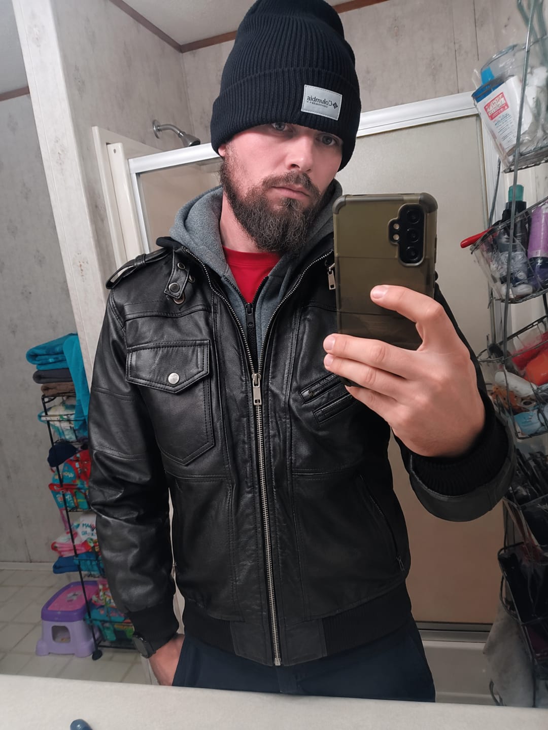 Customer photo review of Spazz Black Bomber Leather Jacket with Removable Hood For Men