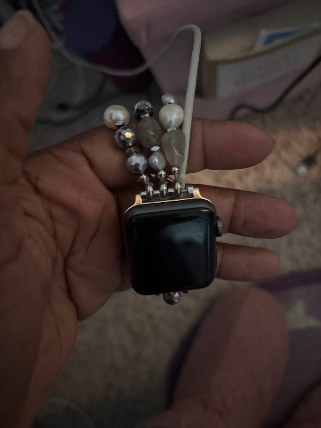 Customer photo review of Lunar Luxe Pearl Stretch Apple Watch Strap
