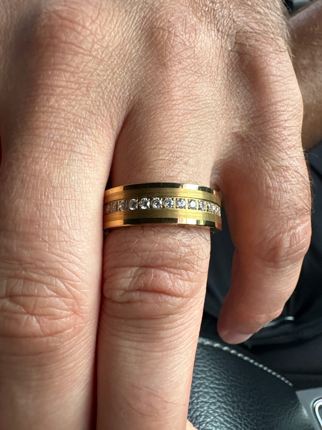 Customer photo review of 8mm - Men's Tungsten Wedding Band, CZ Diamond Ring, Comfort Fit Ring, Yellow Gold Ring,