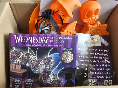 Rezensent zeigt das geöffnete Paket mit seinem Halloween-thematisierten Inhalt.