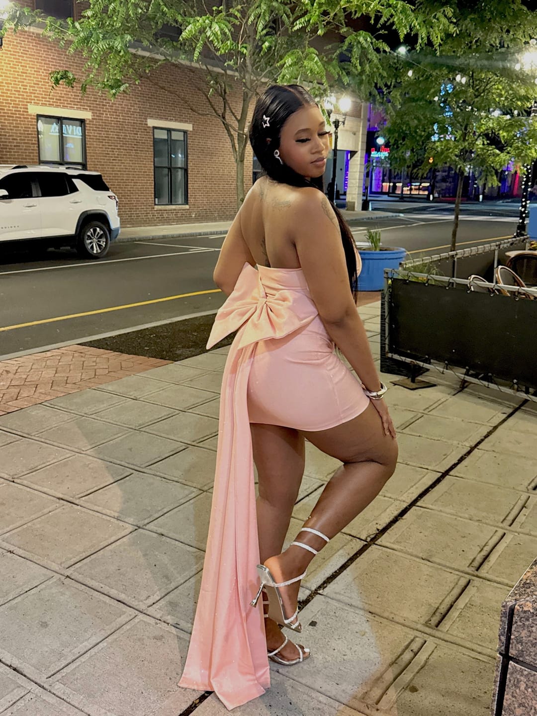 Customer photo review of Samie Sparkly Bow Tube Mini Dress