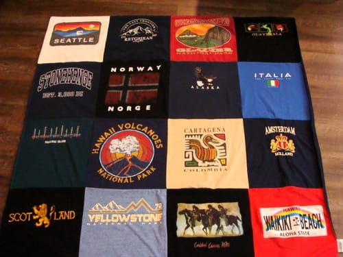 Customer's Project Repat T-Shirt Quilt made from colorful t-shirts from their travels around the world.