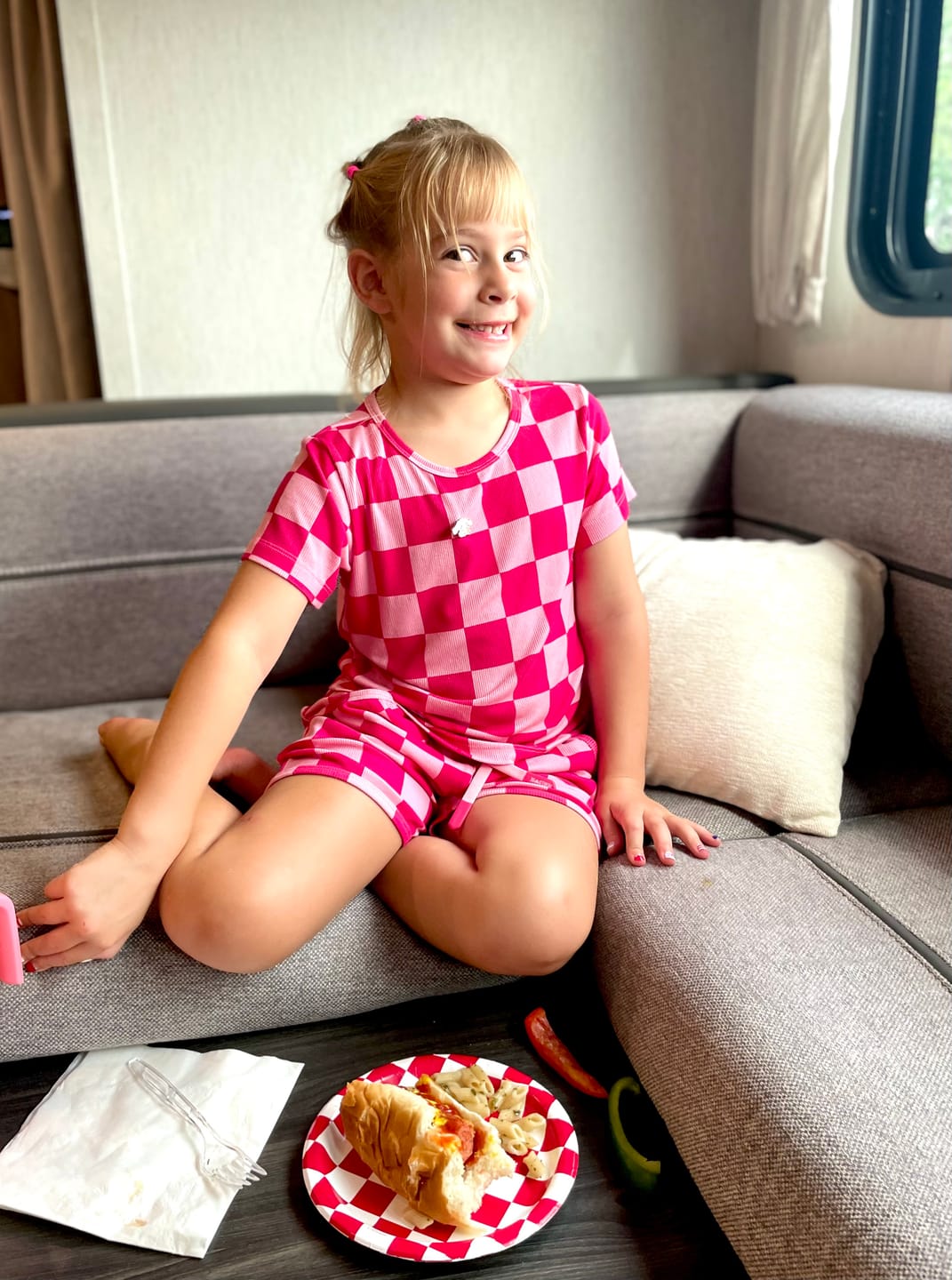 Customer photo review of Biker Two Piece Set in Bubble Gum Checkered