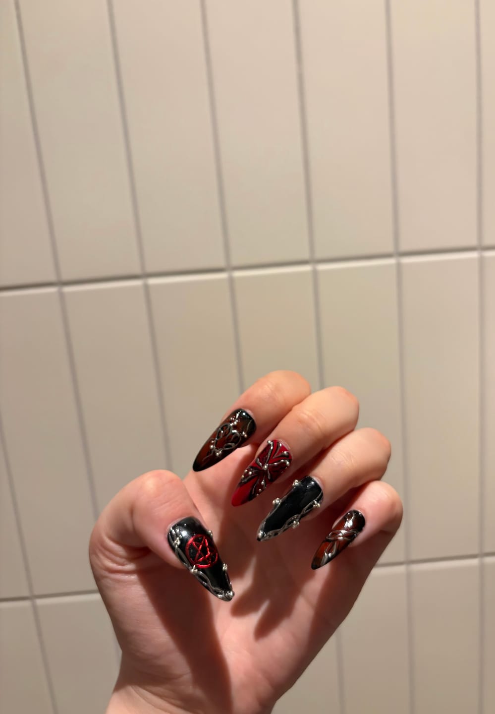 Customer photo review of BloodHex Dark Metal Accent Press On Nails, Red Black Gothic Fake Nails