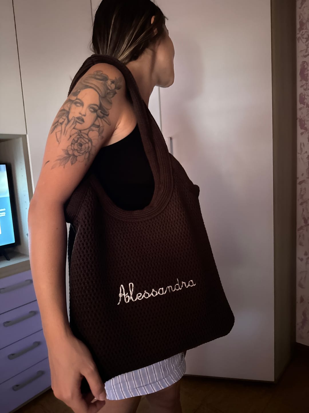 Customer photo review of Borsa in Maglia - Marrone Espresso