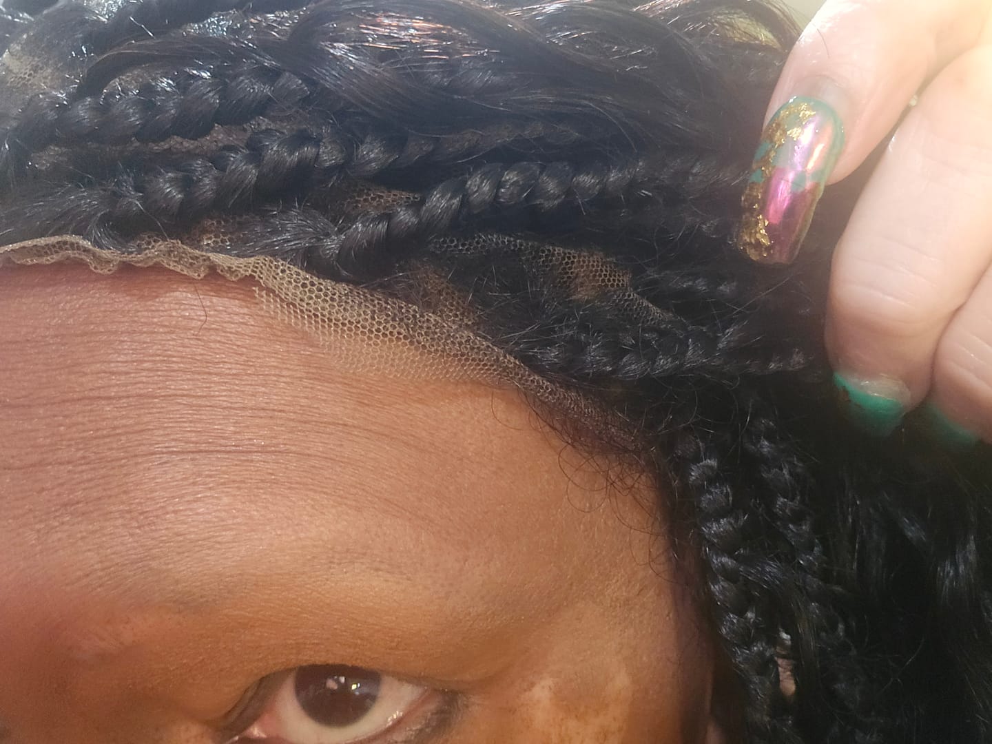 Customer photo review of 16" Human Hair Curls Short Boho Box Knotless Braids Wig Glueless HD Full Lace