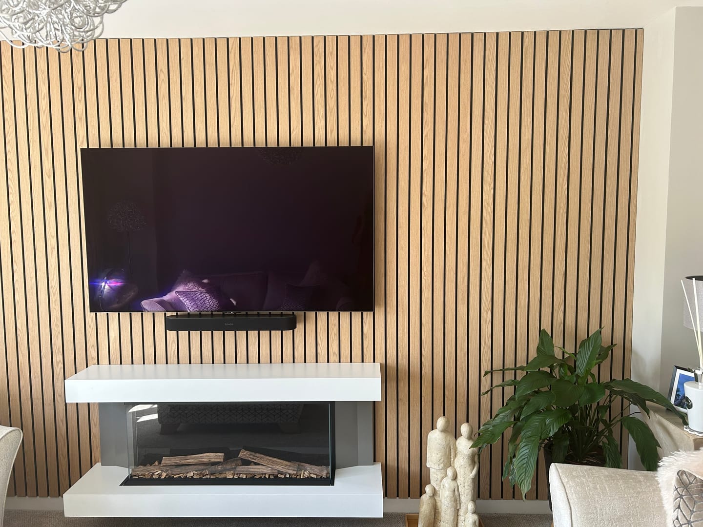 Customer photo review of SlatWall Acoustic Honey Oak and Black Slatted Wall Panel