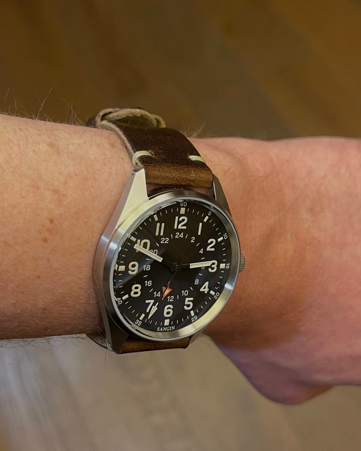 Customer photo review of Horween Brown Nut Dublin Leather Watch Strap, Natural Thread