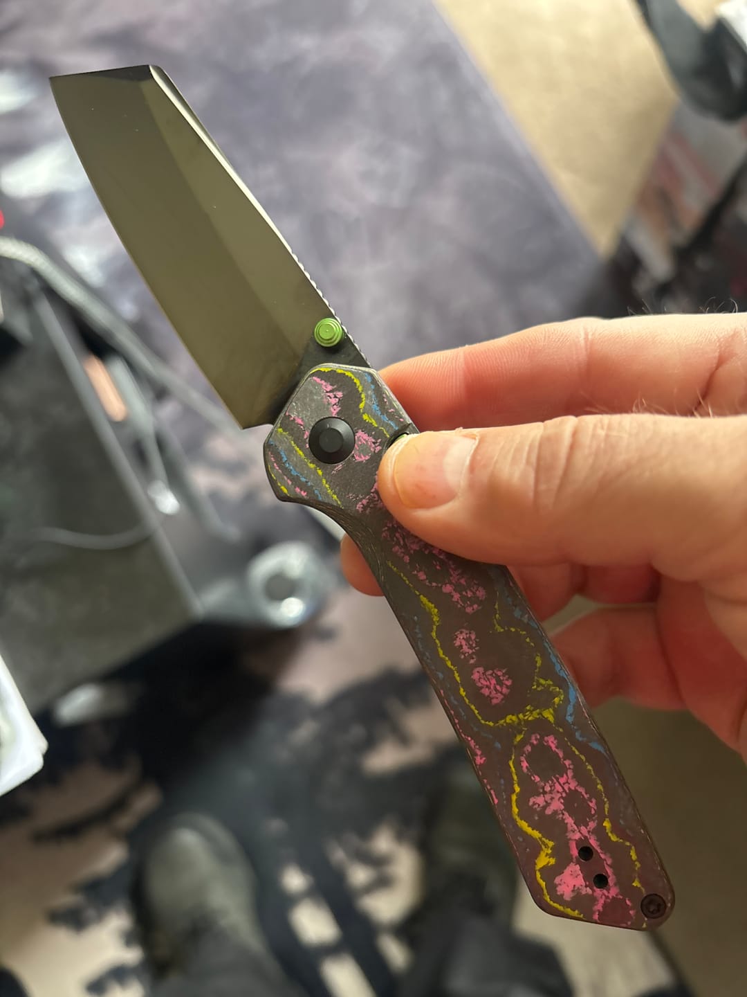 Customer photo review of Kizer Madrac Button Liner Lock Camo Carbon Mirror DLC S45VN BLADE DISTRICT EXCLUSIVE