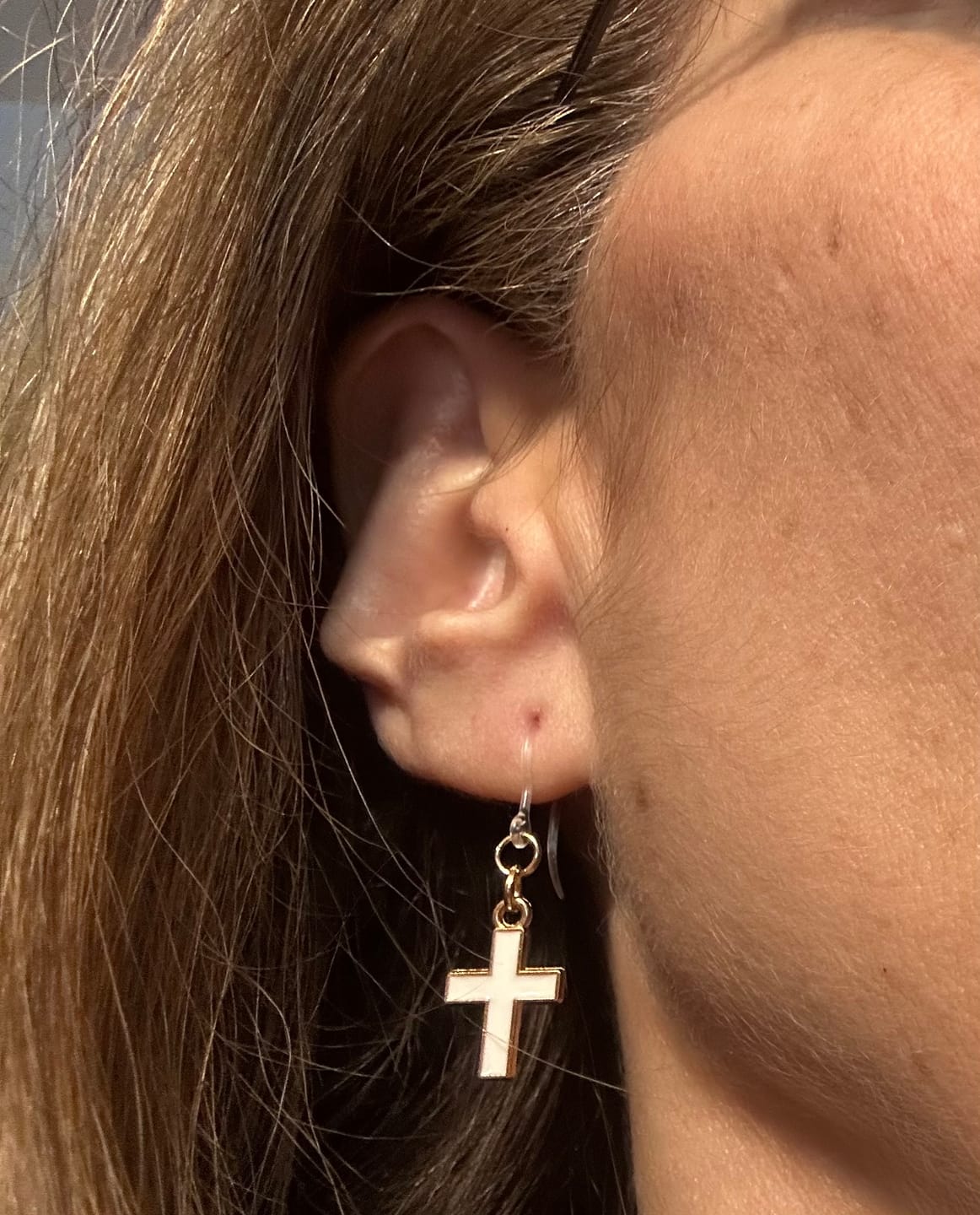Customer photo review of Gold Rimmed Cross Dangles Hypoallergenic Earrings for Sensitive Ears with Plastic Posts