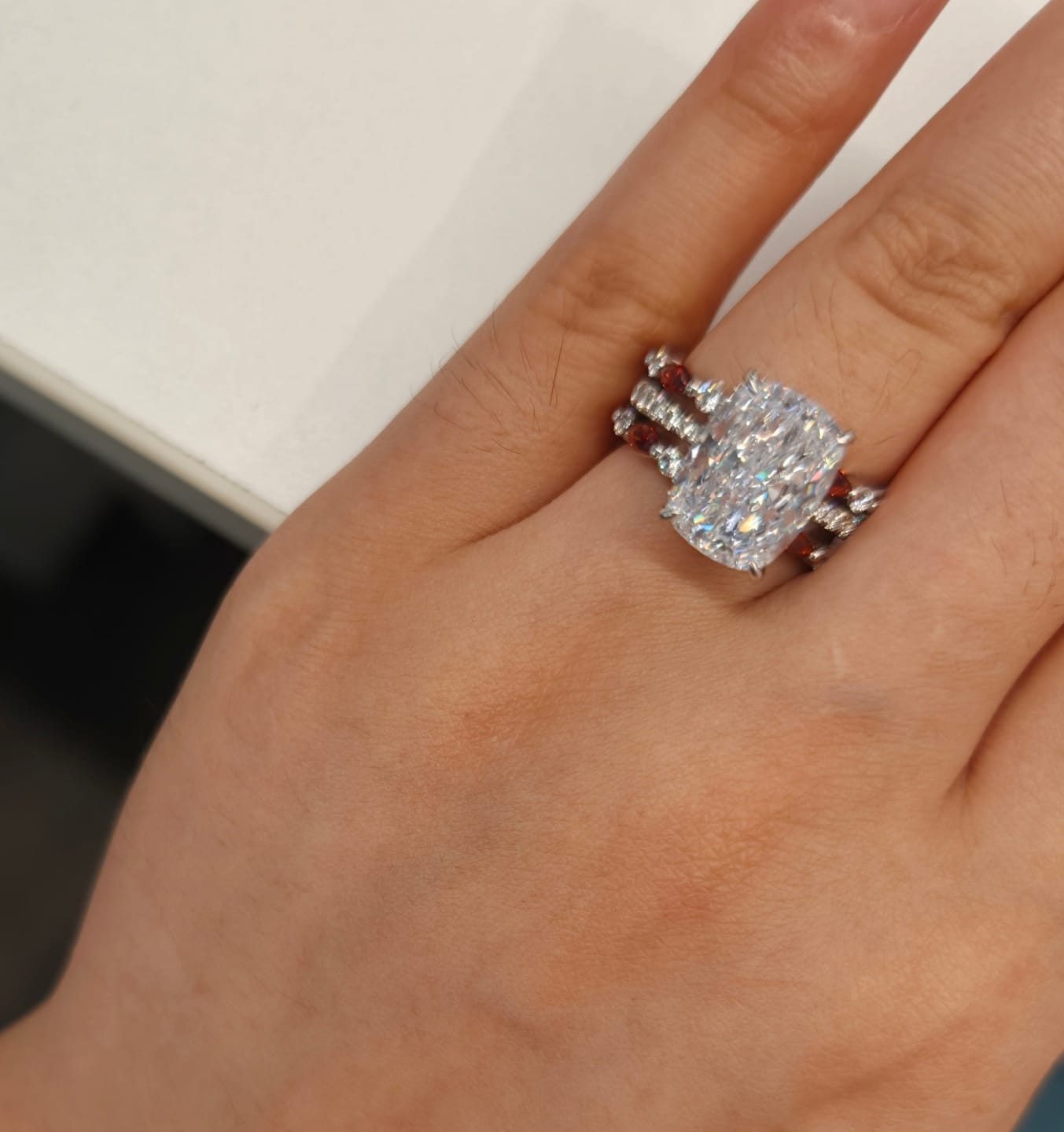 Customer photo review of S925 6.5Ct Cushion Cut Insert Wedding Ring Set With Unique White & Blue/Red Stone Engagement Ring Enhancer