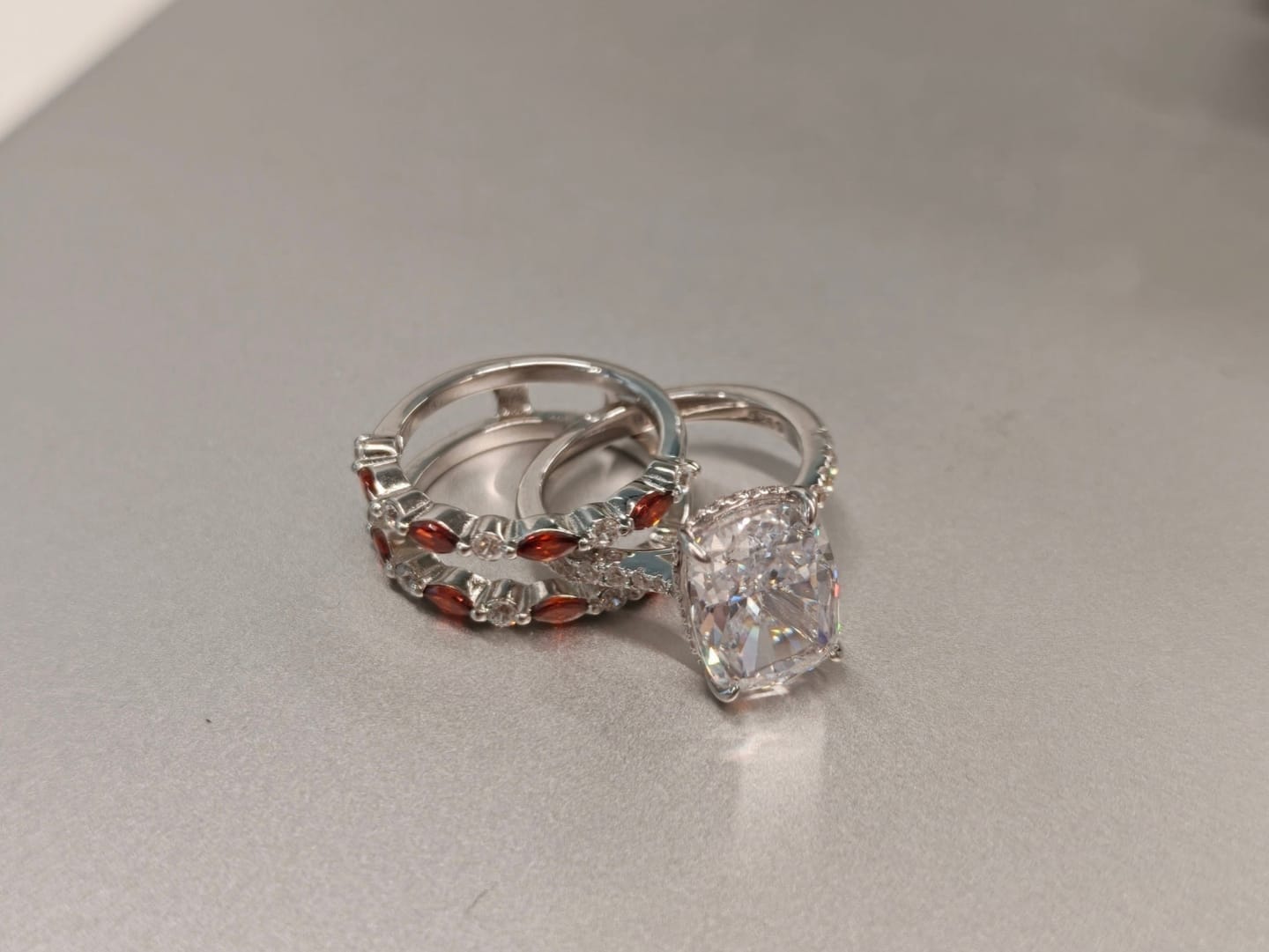 Customer photo review of S925 6.5Ct Cushion Cut Insert Wedding Ring Set With Unique White & Blue/Red Stone Engagement Ring Enhancer