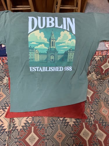 Customer's sage green Dublin Ireland T-shirt laid flat, showing the large back graphic of a building and "ESTABLISHED 988".