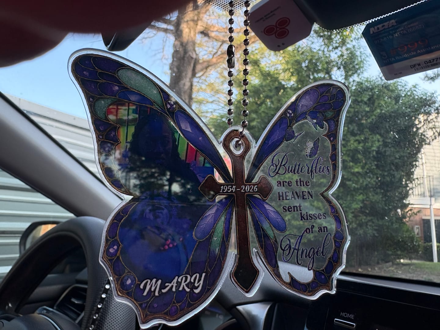 Customer photo review of Personalized Memorial Butterfly Car Hanger with Photo – Always With You