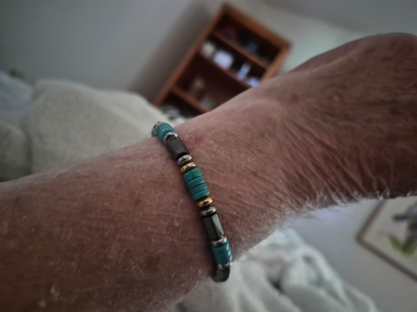 Customer photo review of Men’s Hematite & Turquoise Bracelet – Natural Stone Grounding Jewelry for Strength, Focus & Protection