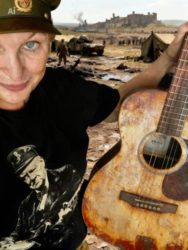 Reviewer in their black Churchill Rock T-Shirt, wearing a cap and holding a guitar.