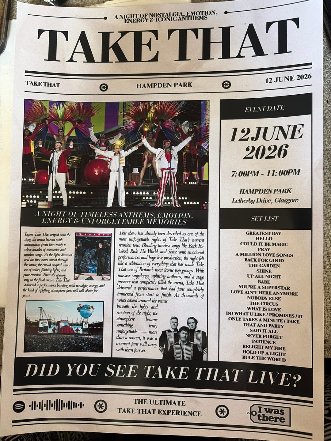Customer photo review of Take That - Personalised Newspaper Style Concert Poster