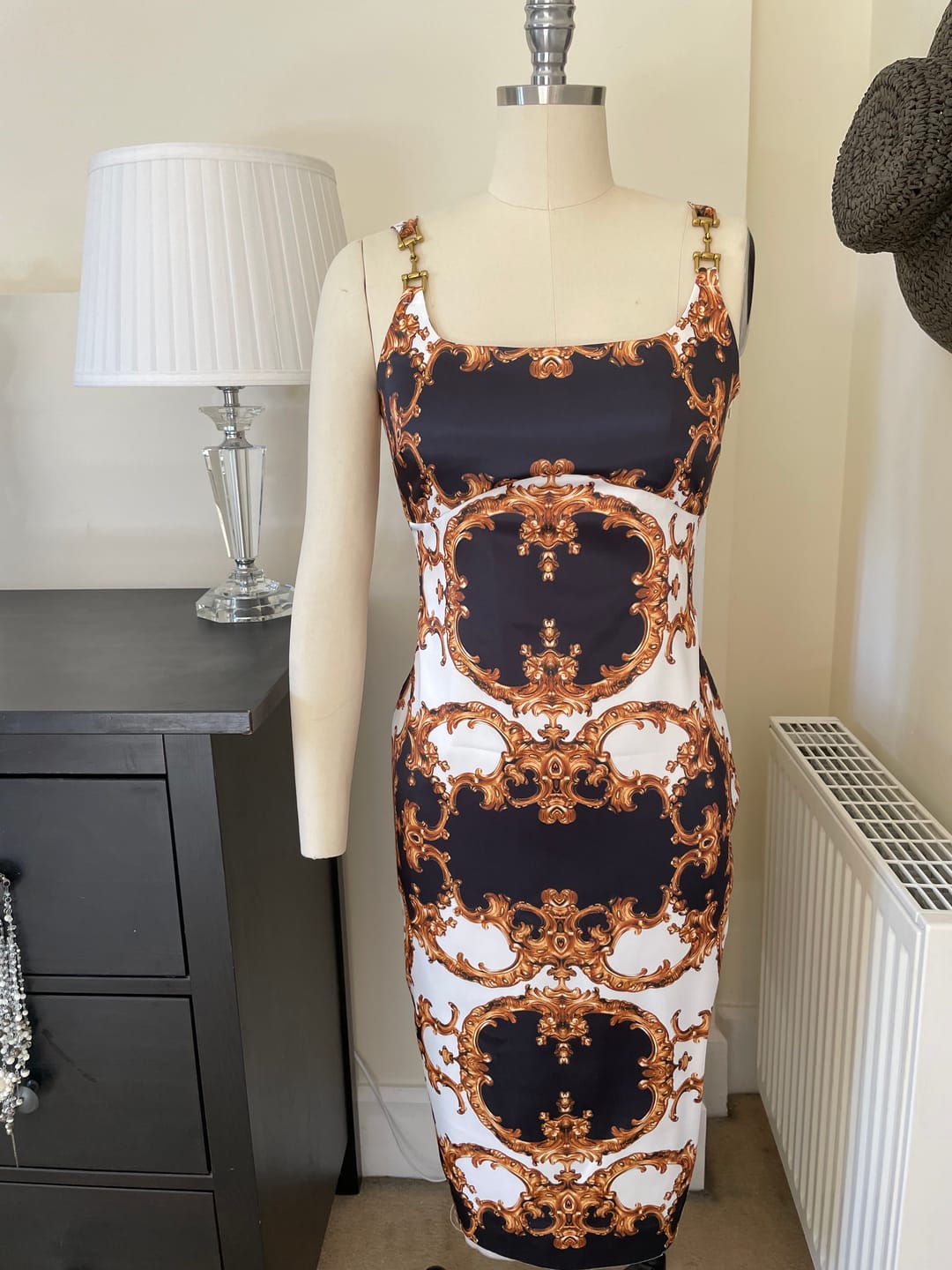 Customer photo review of Baroque Black White Gold Patterned Fabric