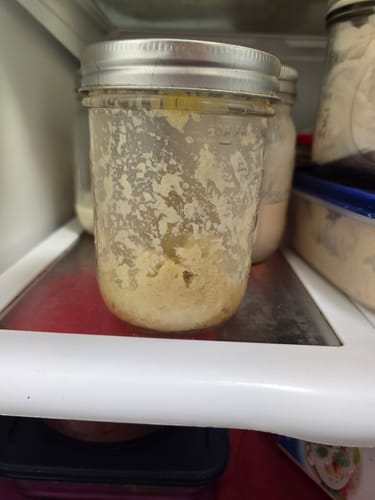 Customer's partially empty, sealed mason jar with preserved food stored on a refrigerator shelf.