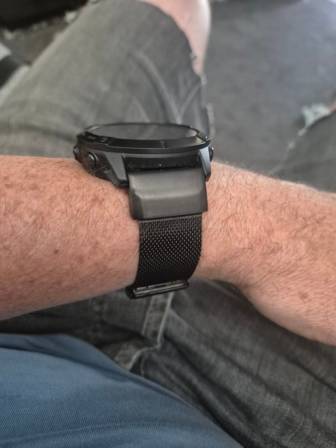 Customer photo review of Garmin Compatible Milanese Steel Watch Strap - Black Tactical PVD Treated