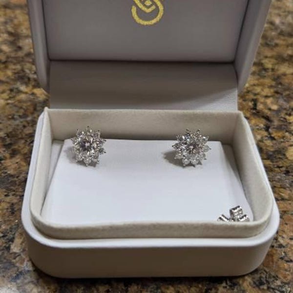 Customer photo review of Solis Moissanite Round Halo Stud Earrings