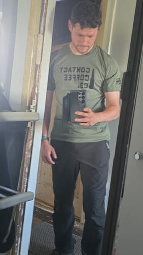 Customer photo review of Contact Coffee Logo T-Shirt, Military Green