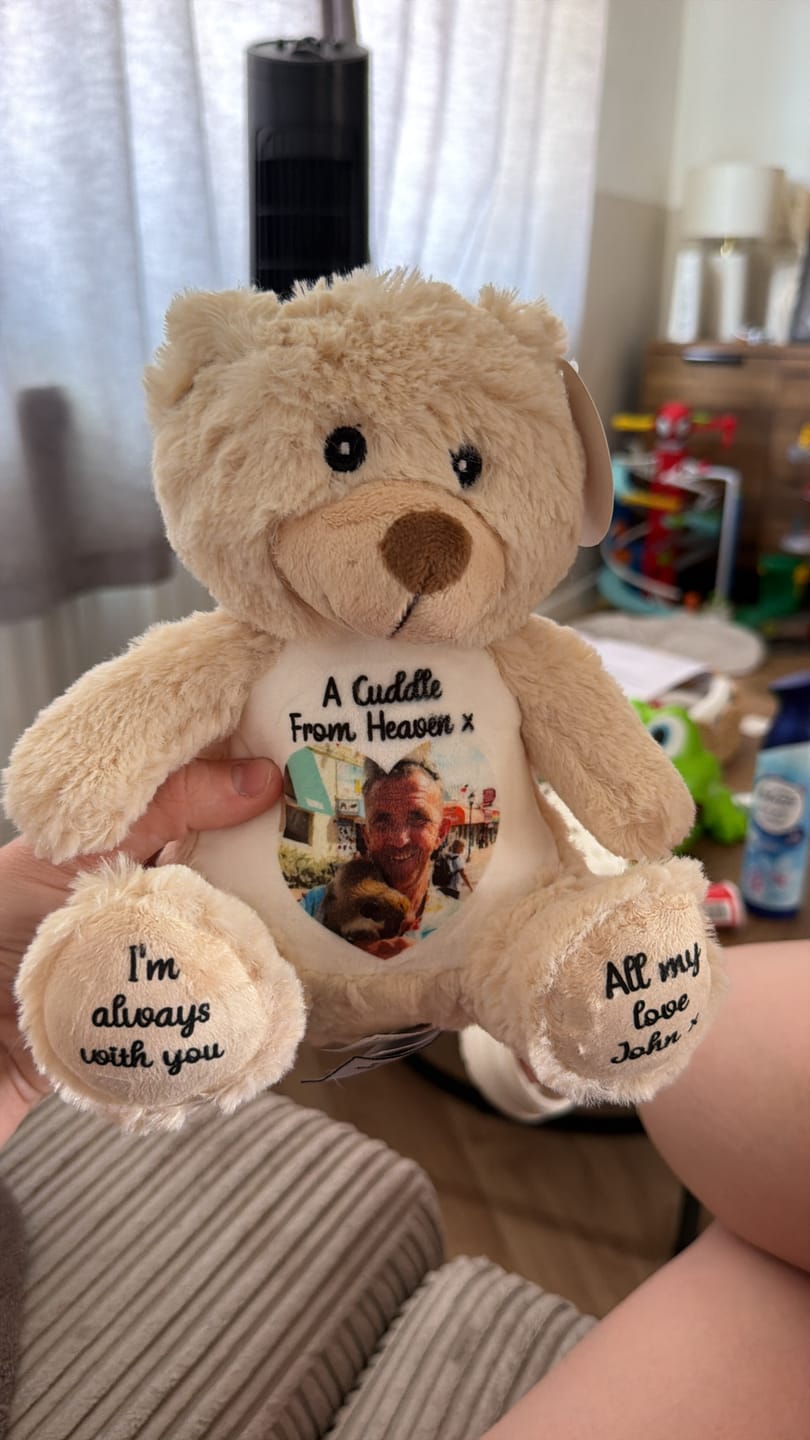 Customer photo review of A Cuddle from Heaven Personalised Photo Teddy Bear