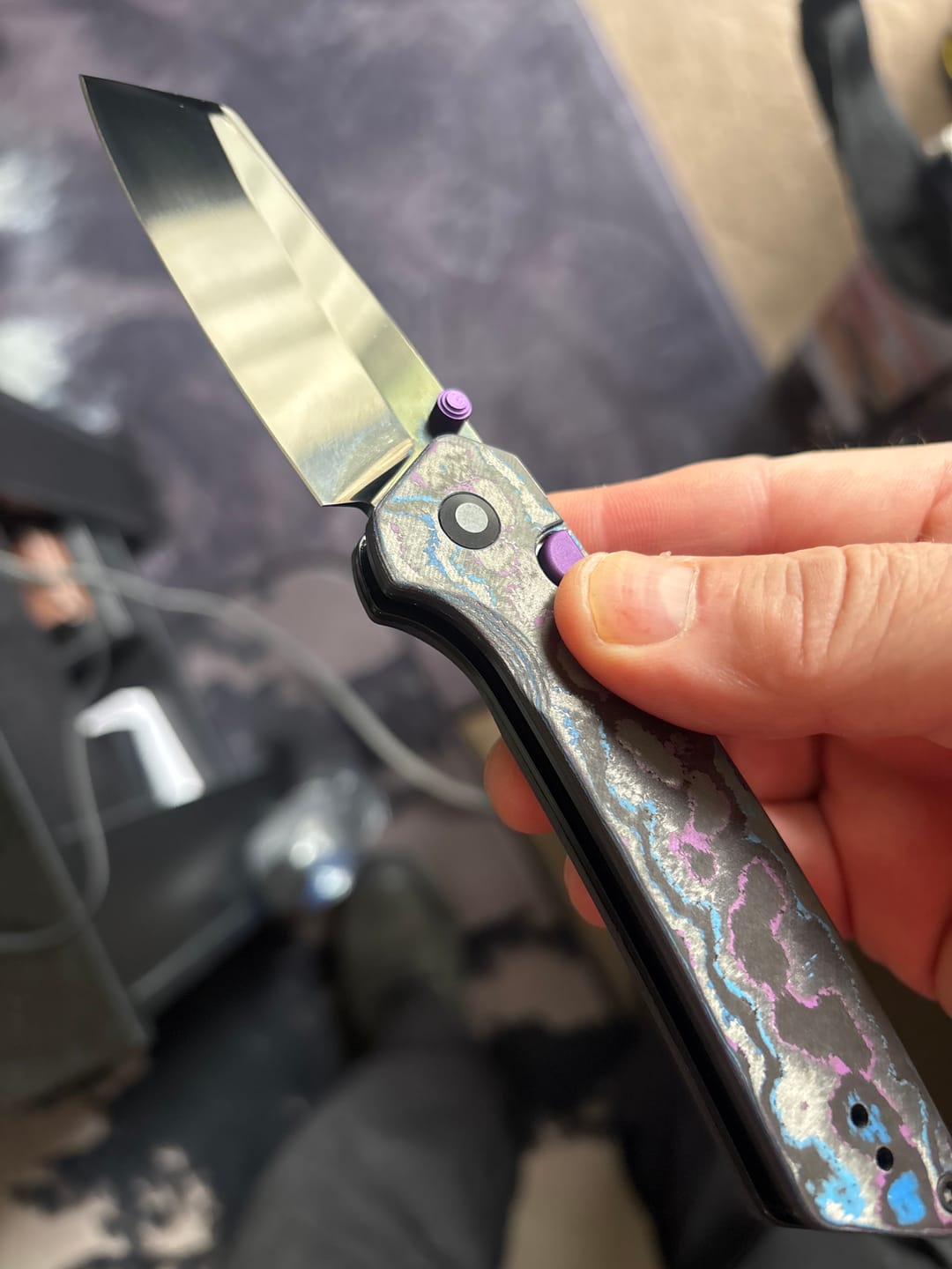 Customer photo review of Kizer Madrac Button Liner Lock Camo Carbon Mirror DLC S45VN BLADE DISTRICT EXCLUSIVE