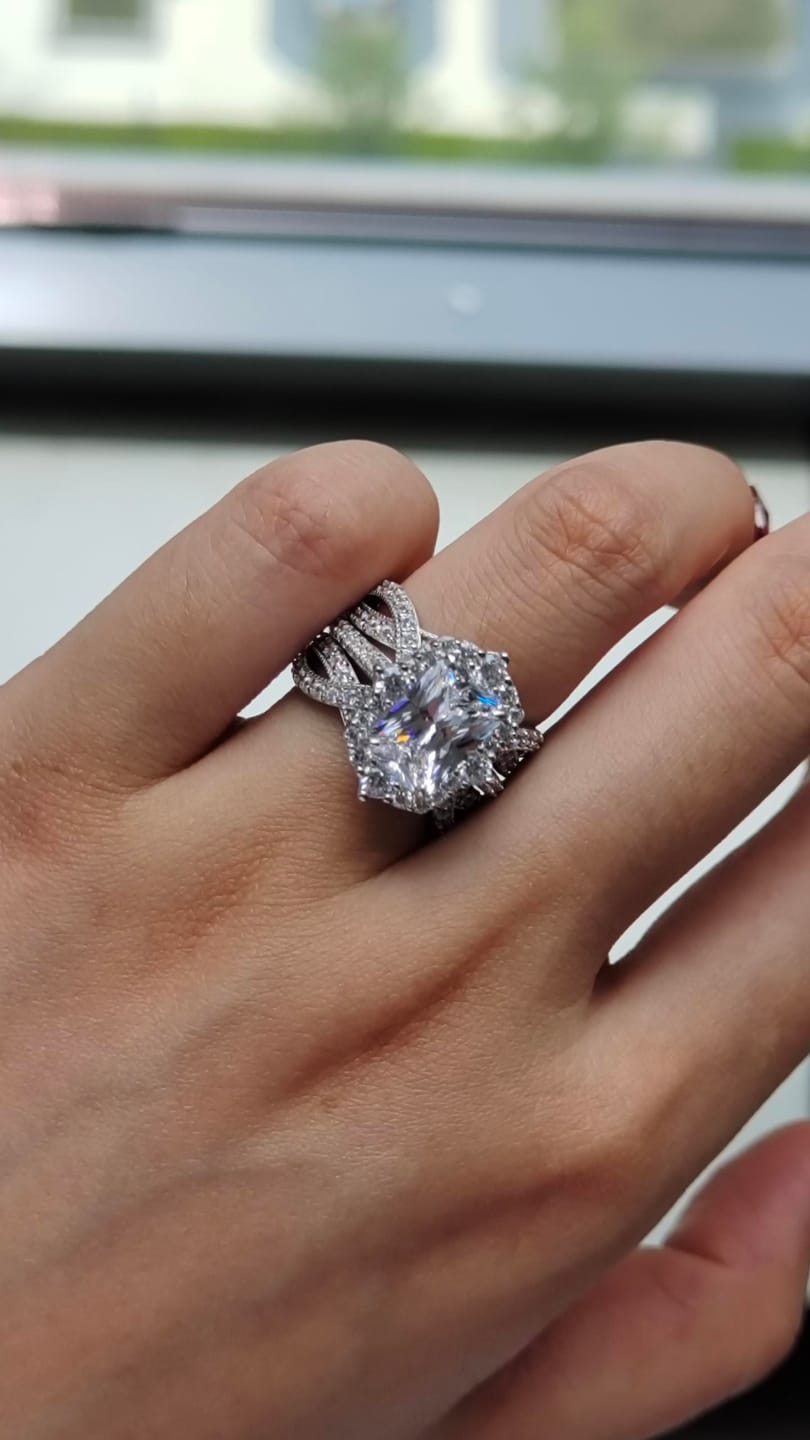 Customer photo review of S925 3.0Ct Radiant Cut Black Stone/White Stone Halo Insert Wedding Ring Set For Women In Sterling Silver