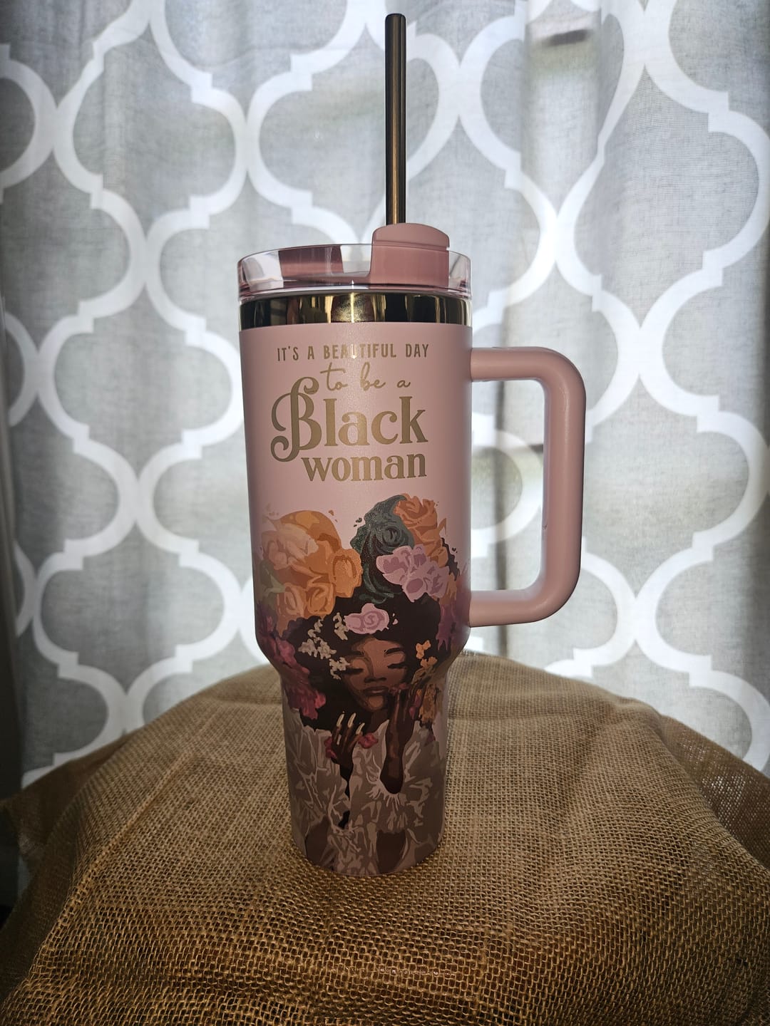 Customer photo review of Pink "Royalty Blossomed" FlowSip™ Insulated Tumbler – It's a Beautiful Day to Be a Black Woman