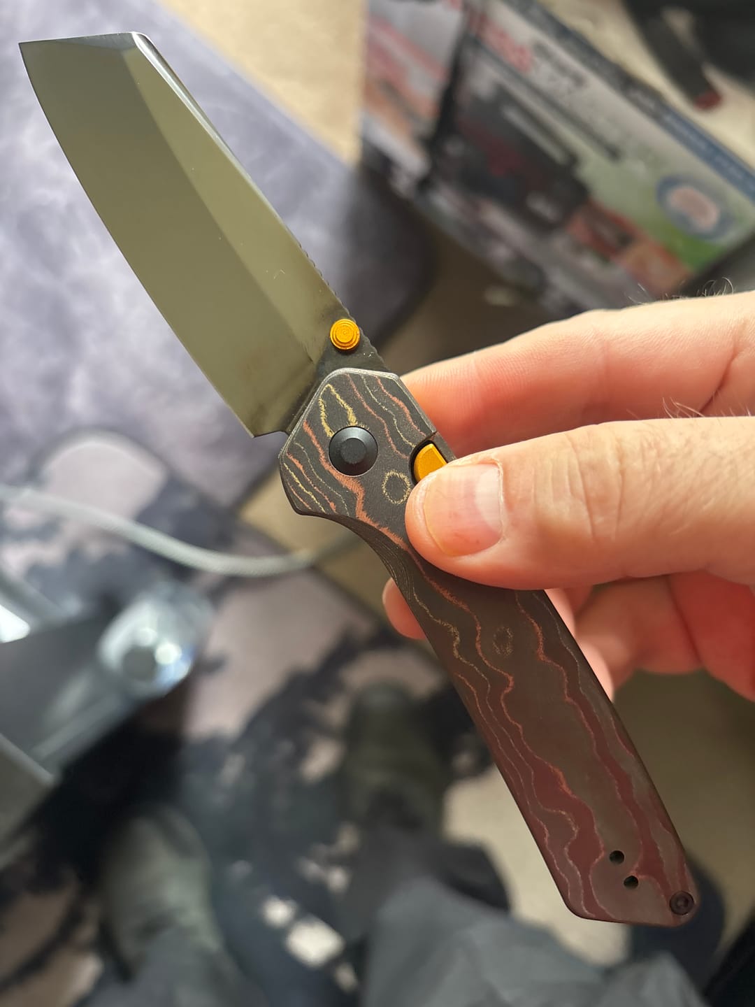 Customer photo review of Kizer Madrac Button Liner Lock Camo Carbon Mirror DLC S45VN BLADE DISTRICT EXCLUSIVE