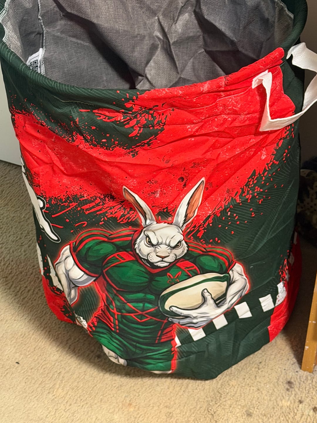 Customer photo review of Personalised South Sydney Rabbitohs Rugby Laundry Basket Rabbits Mascot - Sporty Splash Art Style TS04